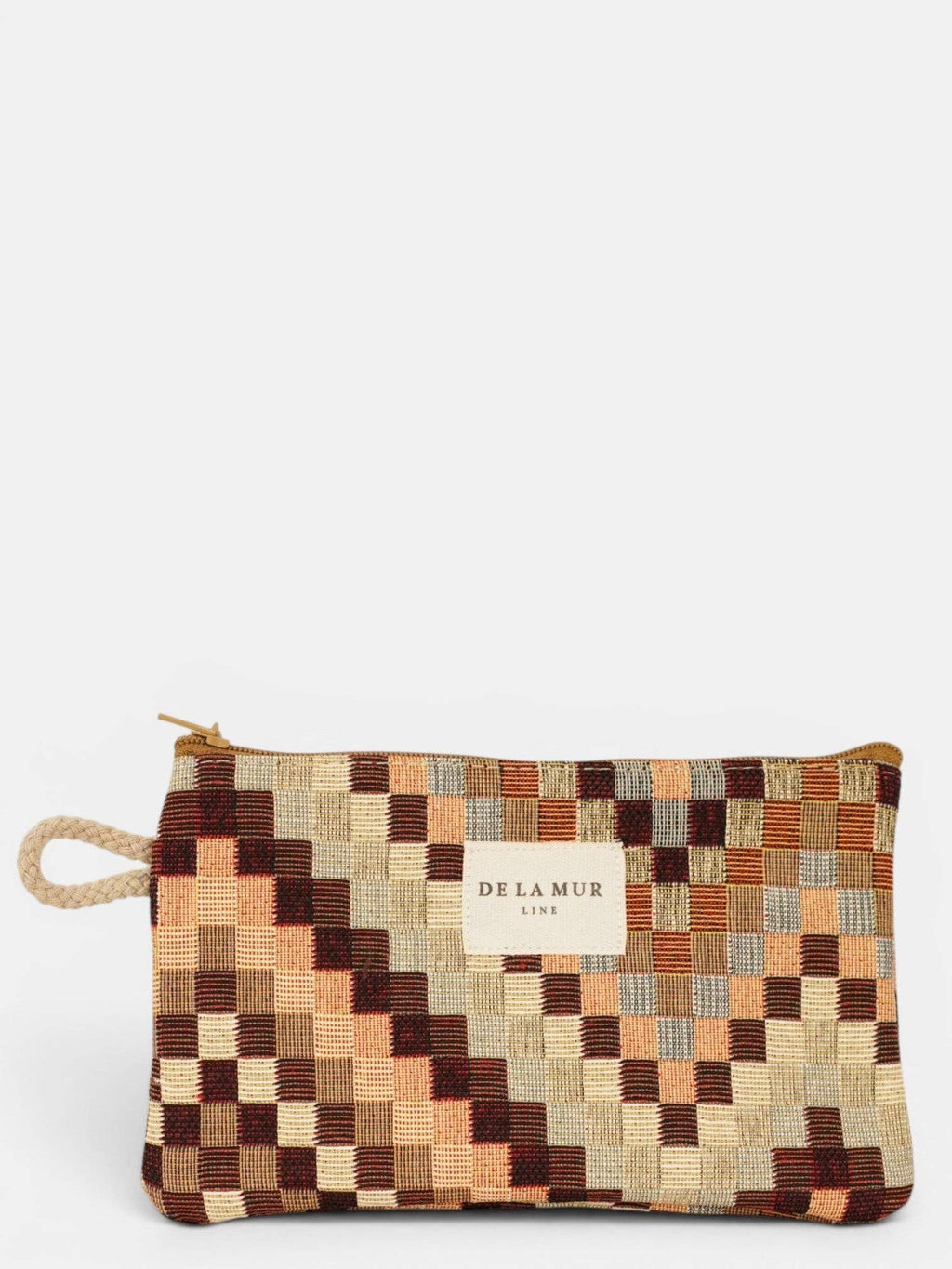 Brown and beige zigzag jacquard small pouch and coin purse, front view with zipper and cord side handle