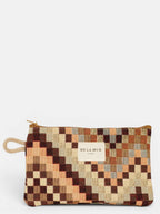 Brown and beige zigzag jacquard small pouch and coin purse, front view with zipper and cord side handle