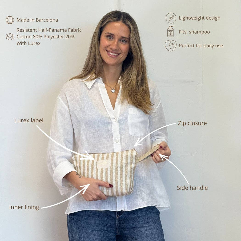 Striped Large Makeup Bag – Beige & Gold
