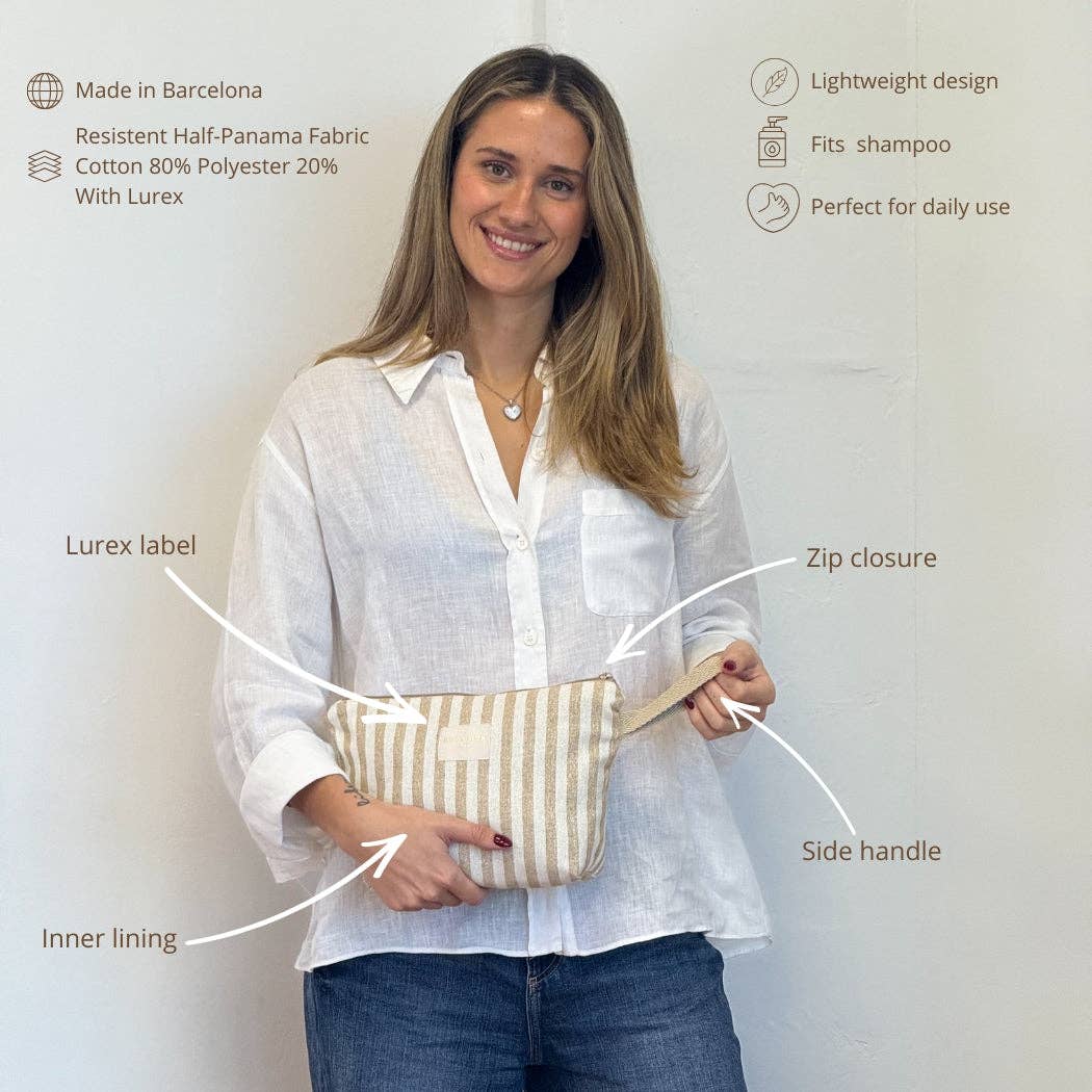 Striped Large Makeup Bag – Beige & Gold