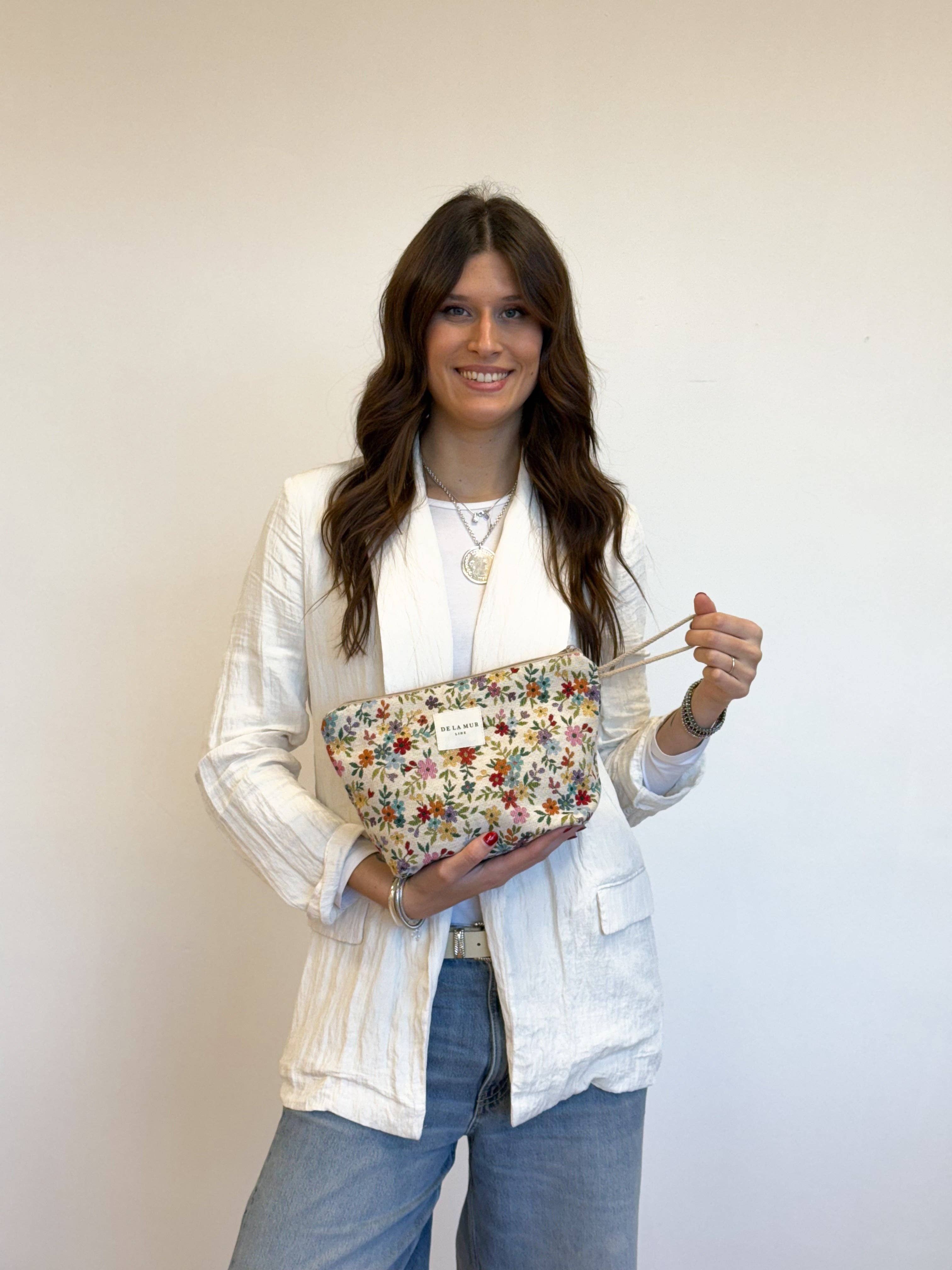 Floral Jacquard Large Makeup Bag – Beige