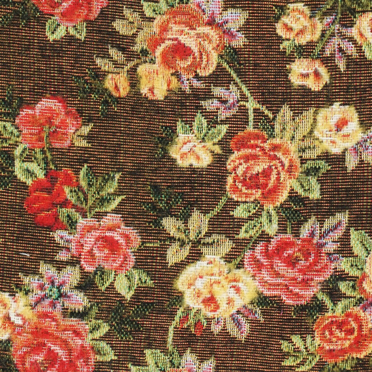Close-up of the woven jacquard pattern on the dark brown and red floral jacquard small makeup bag