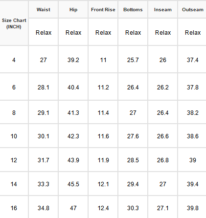 A size chart table with columns labeled Waist, Hip, Front Rise, Bottoms, Inseam, and Outseam, and rows numbered 4 through 16 under the heading Size Chart (INCH).