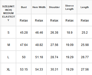 A standard size chart sizes small through extra large with bust, hem, shoulder, sleeve, and length measurements
