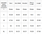 A standard size chart sizes small through extra large with bust, hem, shoulder, sleeve, and length measurements