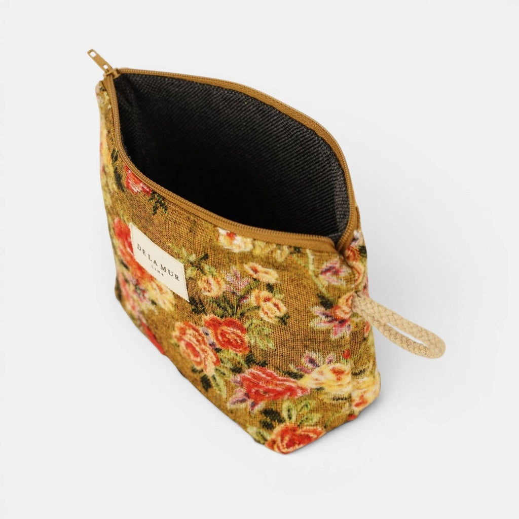 Mustard and red floral jacquard small makeup bag unzipped to show the dark lining