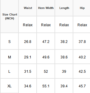Size chart for clothing measurements in inches