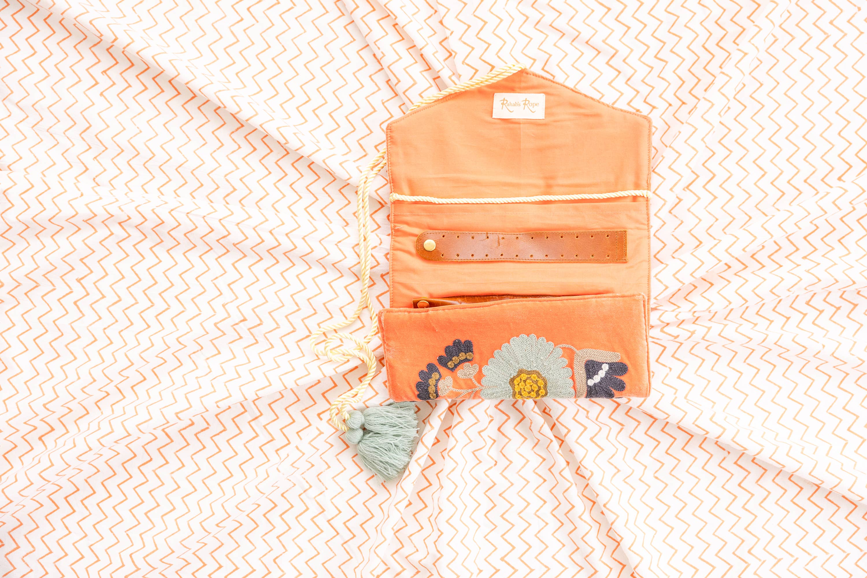Embroidered Velvet Jewelry Organizer in Coral