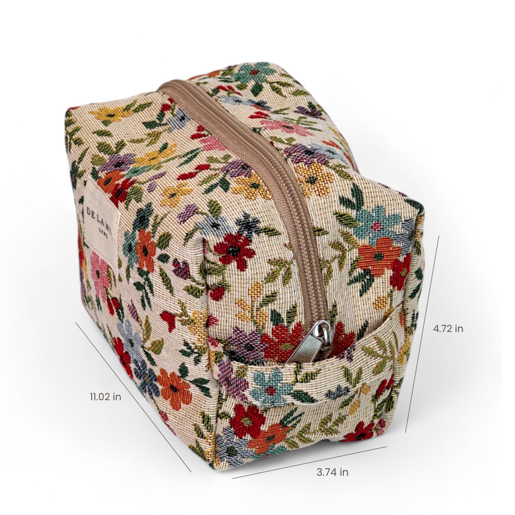 Cream floral jacquard squared makeup bag with height, width and depth marked