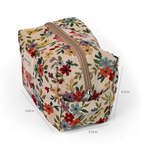 Cream floral jacquard squared makeup bag with height, width and depth marked
