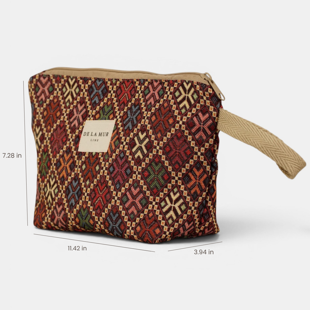 Large burgundy geometric jacquard makeup bag with height, width and depth marked