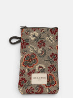 Burgundy and gray floral jacquard glasses case, front view with zipper and cord side handle