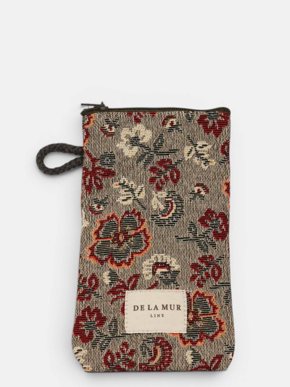 Burgundy and gray floral jacquard glasses case, front view with zipper and cord side handle
