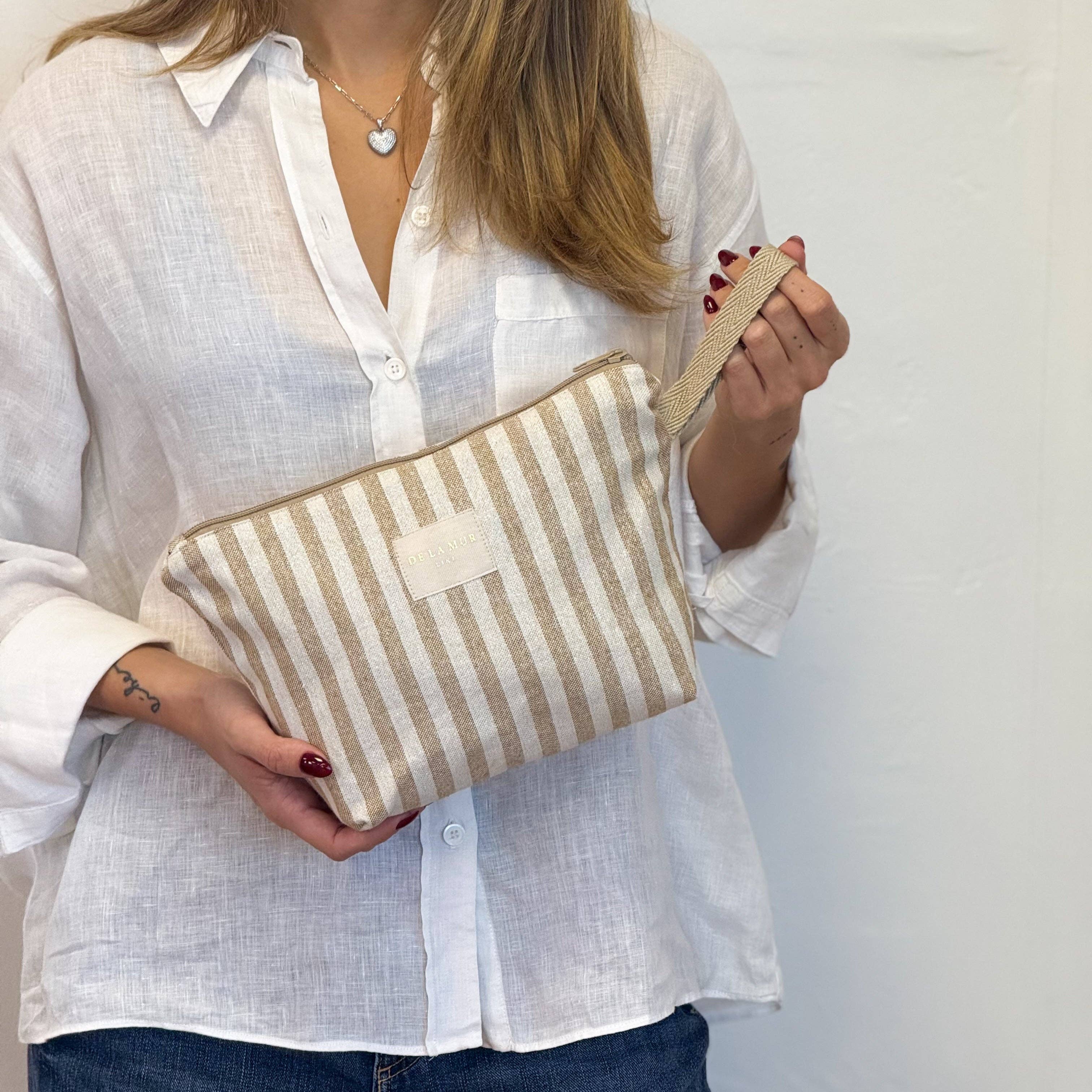 Striped Large Makeup Bag – Beige & Gold