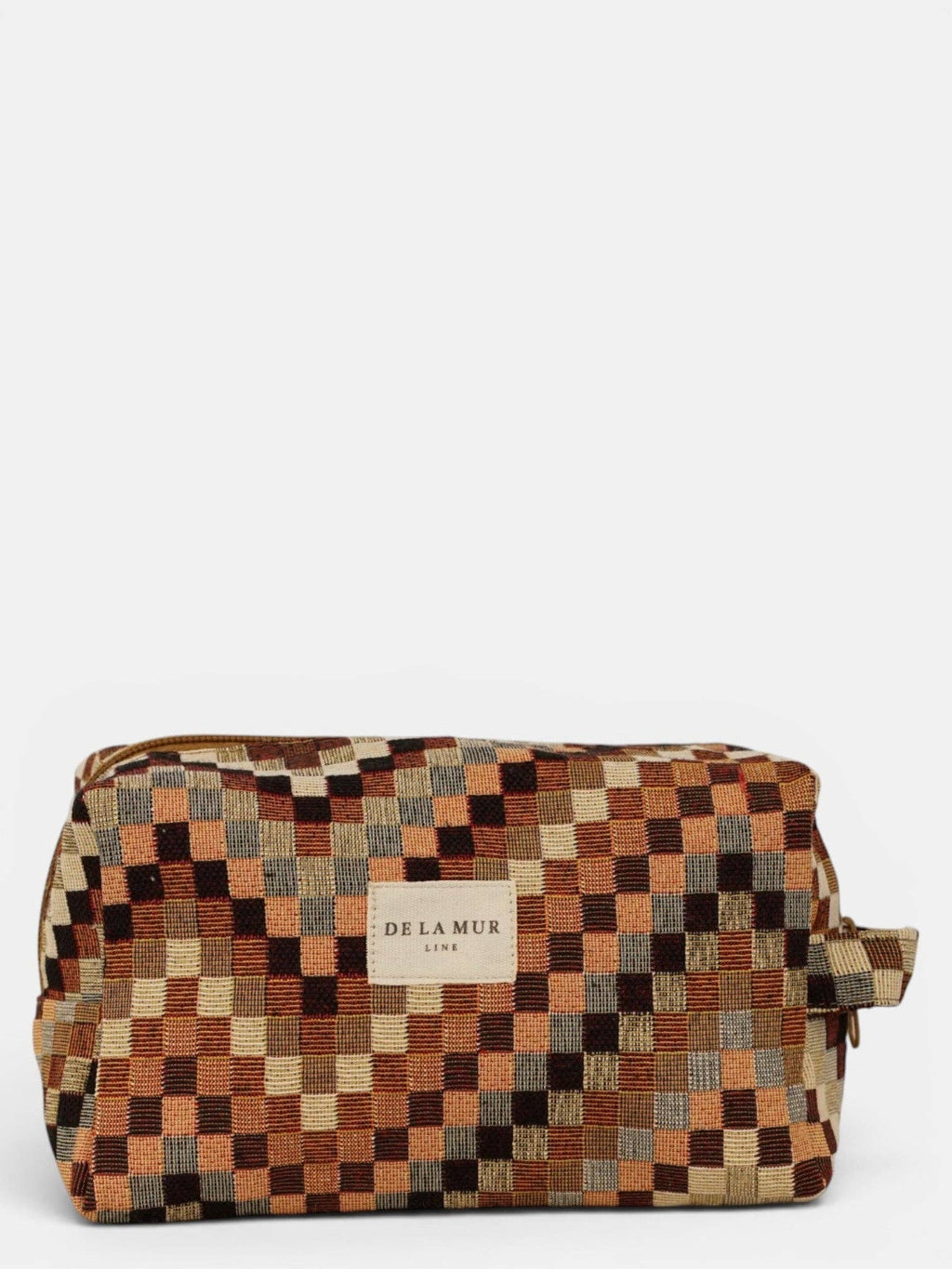 Brown and beige zigzag jacquard squared makeup bag, front view