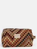 Brown and beige zigzag jacquard squared makeup bag, front view