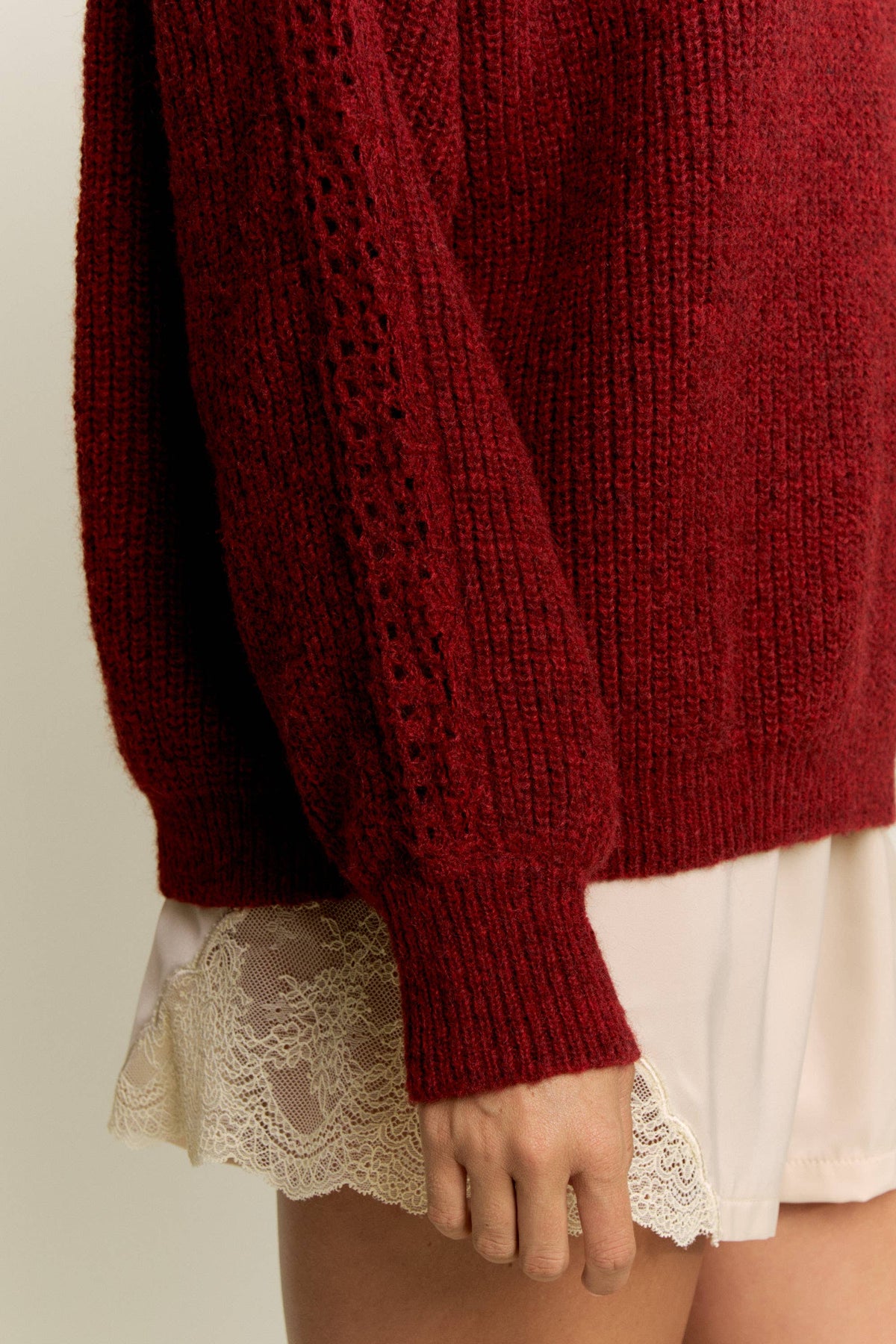Moss green crochet sleeve pullover sweater