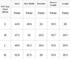 A size measurement chart with a top size header and columns for Bust, Hem Width, Shoulder, Sleeve Length, and Length, showing S, M, L, and XL measurements in inches.