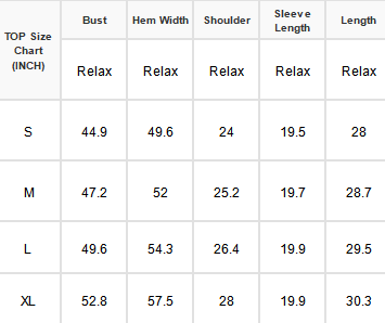 A size measurement chart with a top size header and columns for Bust, Hem Width, Shoulder, Sleeve Length, and Length, showing S, M, L, and XL measurements in inches.