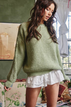 Moss green crochet sleeve pullover sweater