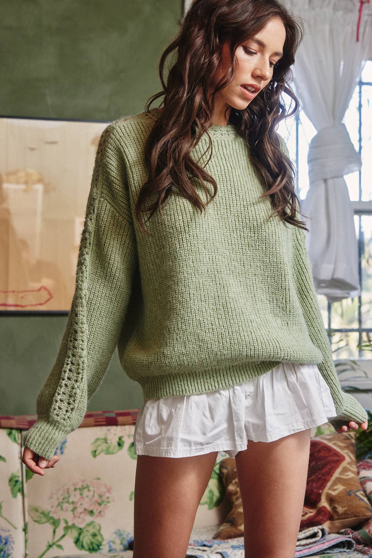 Moss green crochet sleeve pullover sweater