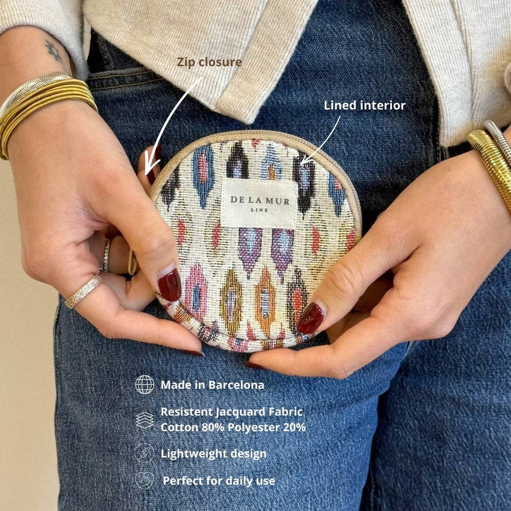 Geometric Jacquard Round Coin Purse – Multicolor & Beige