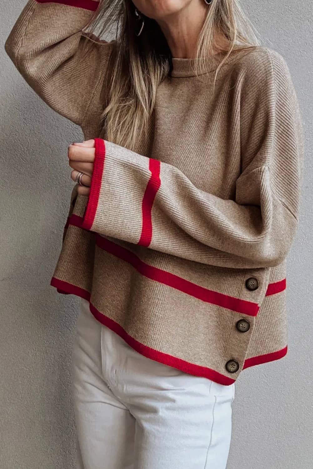 Ribbed Knit Contrast Taupe Sweater | Red Stripe Detail Button Side Sweater