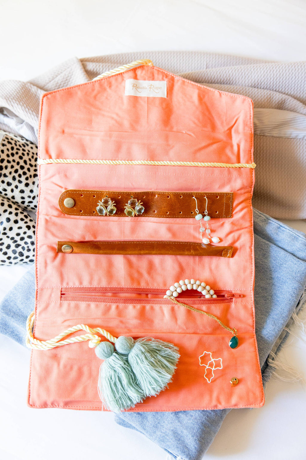 Embroidered Velvet Jewelry Organizer in Coral