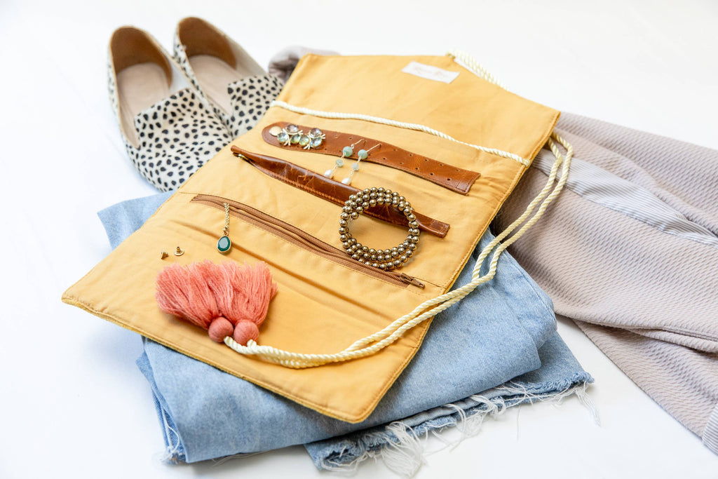 Embroidered Velvet Jewelry Organizer in Mustard