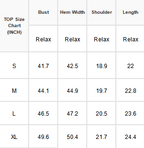 A standard size chart with sizes small through extra large and measurements for bust, hem, shoulder, and length.