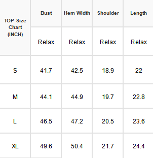 A standard size chart with sizes small through extra large and measurements for bust, hem, shoulder, and length.