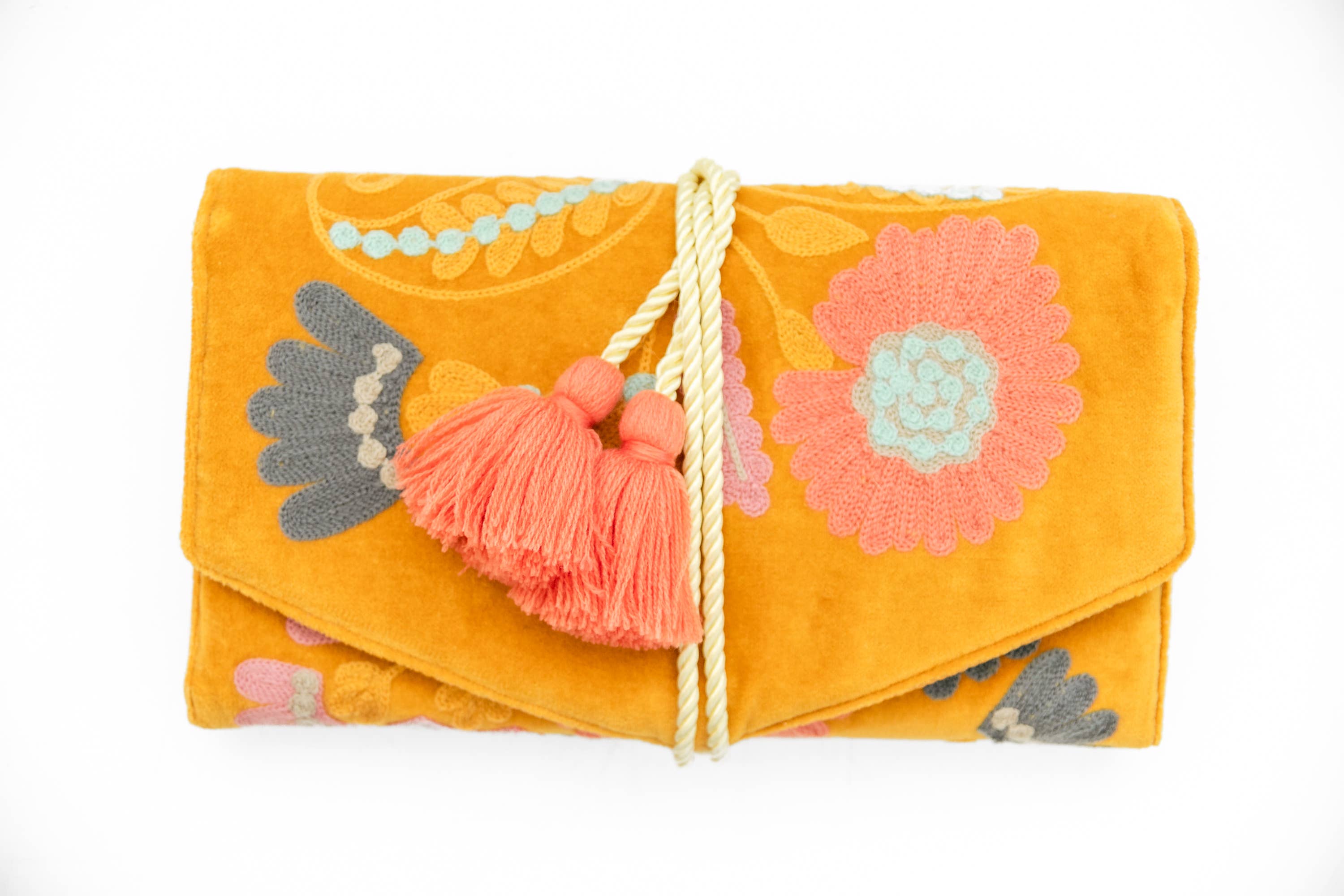 Embroidered Velvet Jewelry Organizer in Mustard