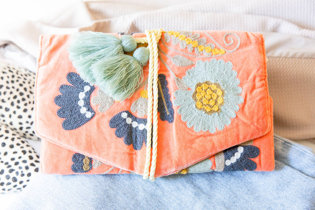 Embroidered Velvet Jewelry Organizer in Coral