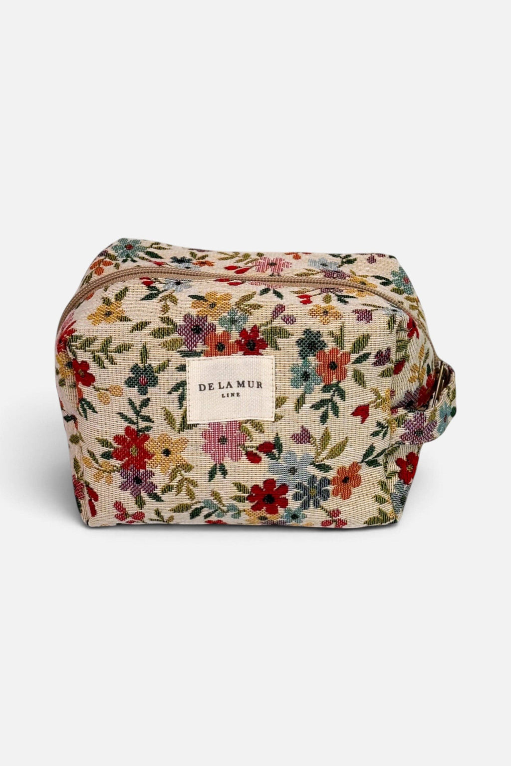 Cream floral jacquard squared makeup bag, front view with De La Mur label