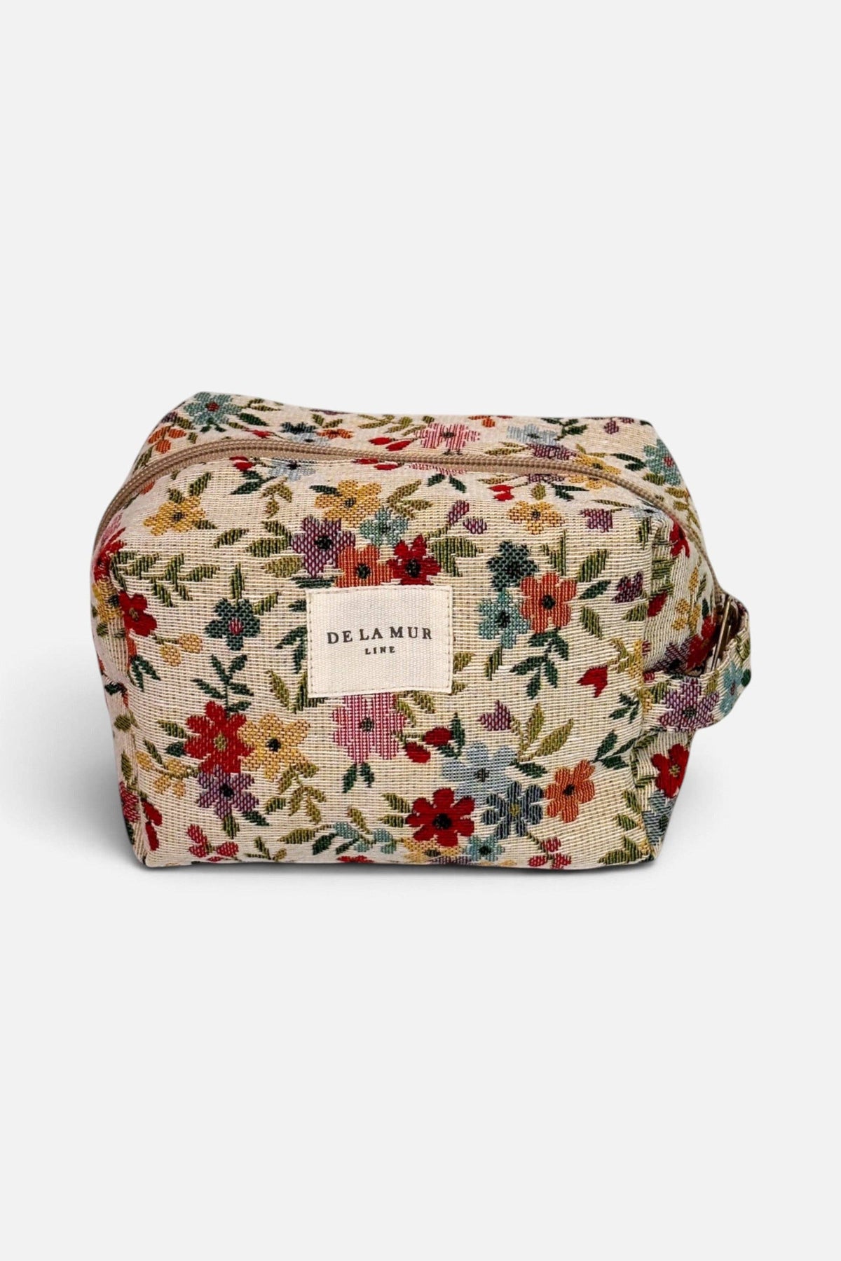 Cream floral jacquard squared makeup bag, front view with De La Mur label