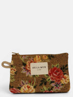 Mustard and red floral jacquard coin purse, front view with zipper and cord side handle