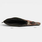 Burgundy and gray floral jacquard small pouch and coin purse unzipped to show the dark lining, with width and height marked