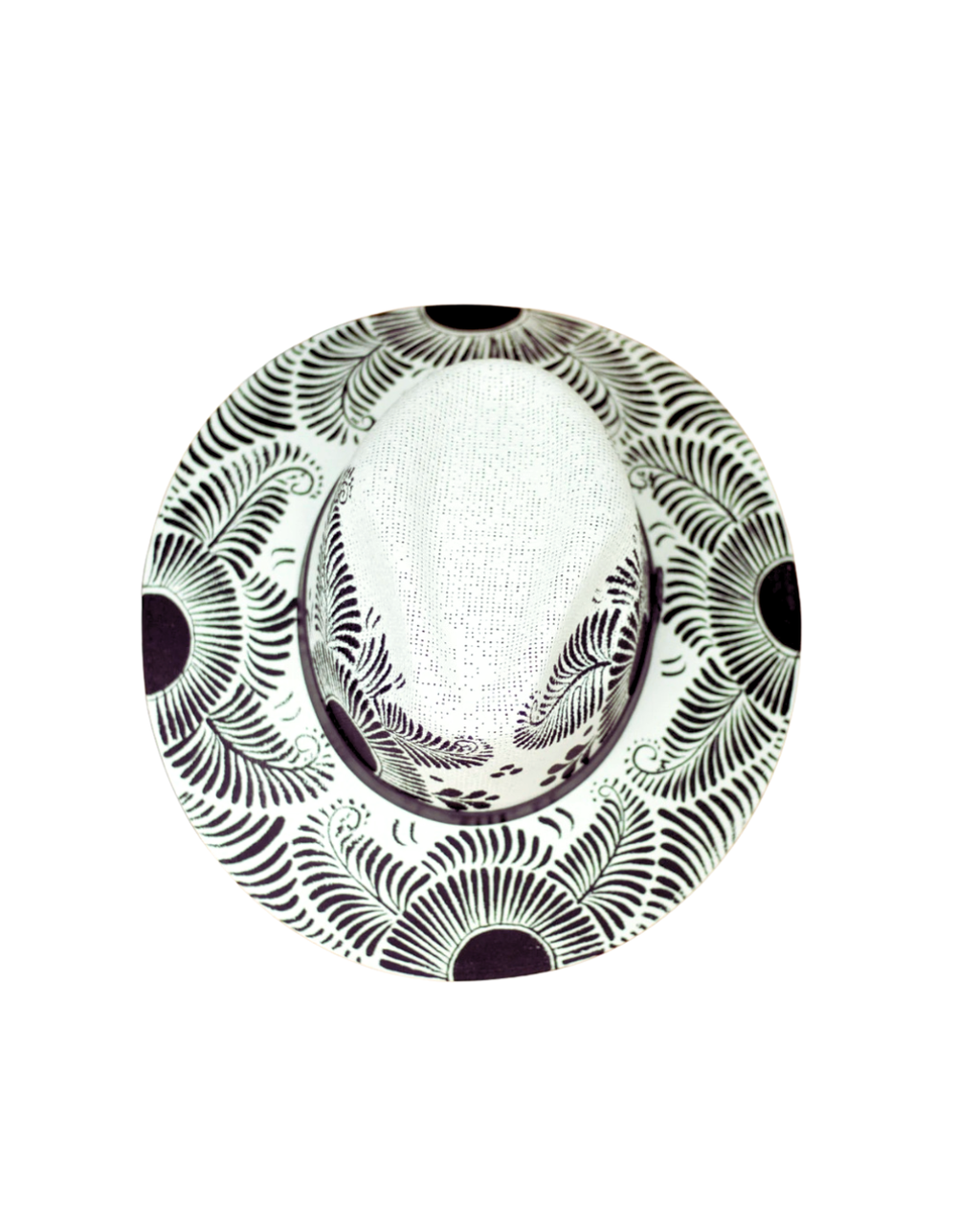 A top-down view of a white fedora hat with an artisan painted black and white fan-like pattern on the brim and crown, set against a plain white background.

Crafted in Oaxaca, Mexico.
