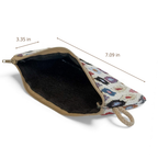 Multicolor ikat jacquard glasses case with beige trim unzipped to show the dark lining, with width and height marked