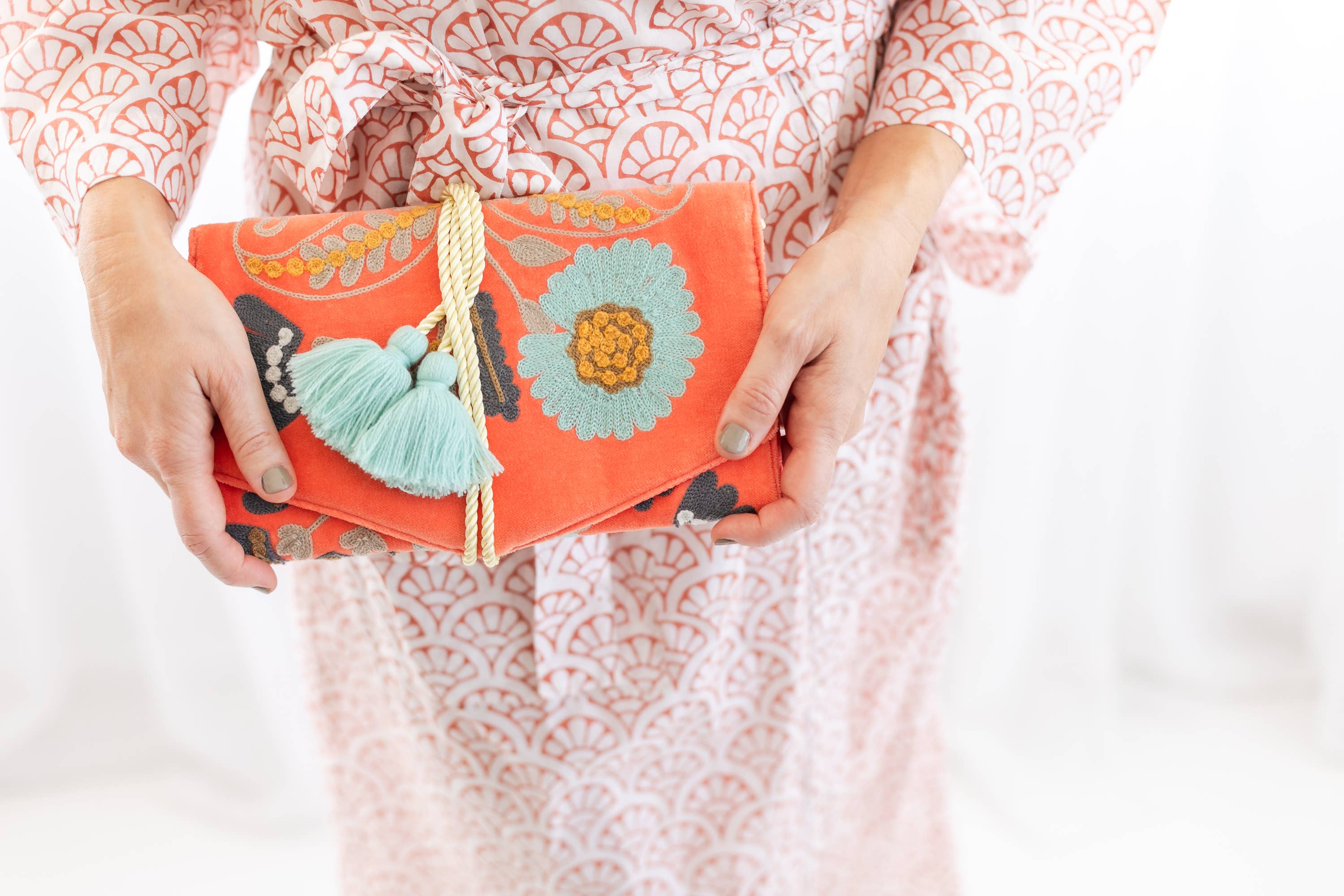 Embroidered Velvet Jewelry Organizer in Coral