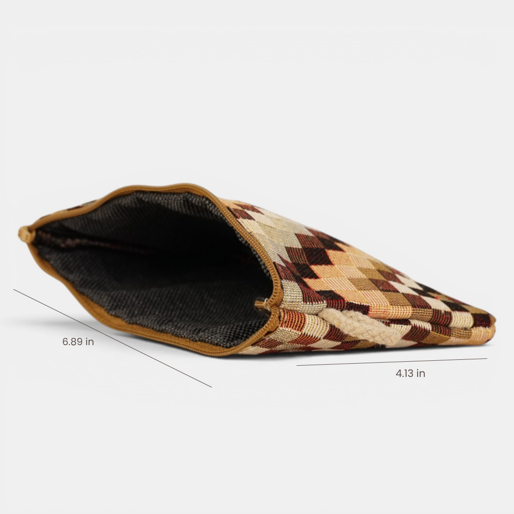 Brown and beige zigzag jacquard small pouch and coin purse unzipped to show the dark lining, with width and height marked