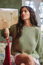Moss green crochet sleeve pullover sweater