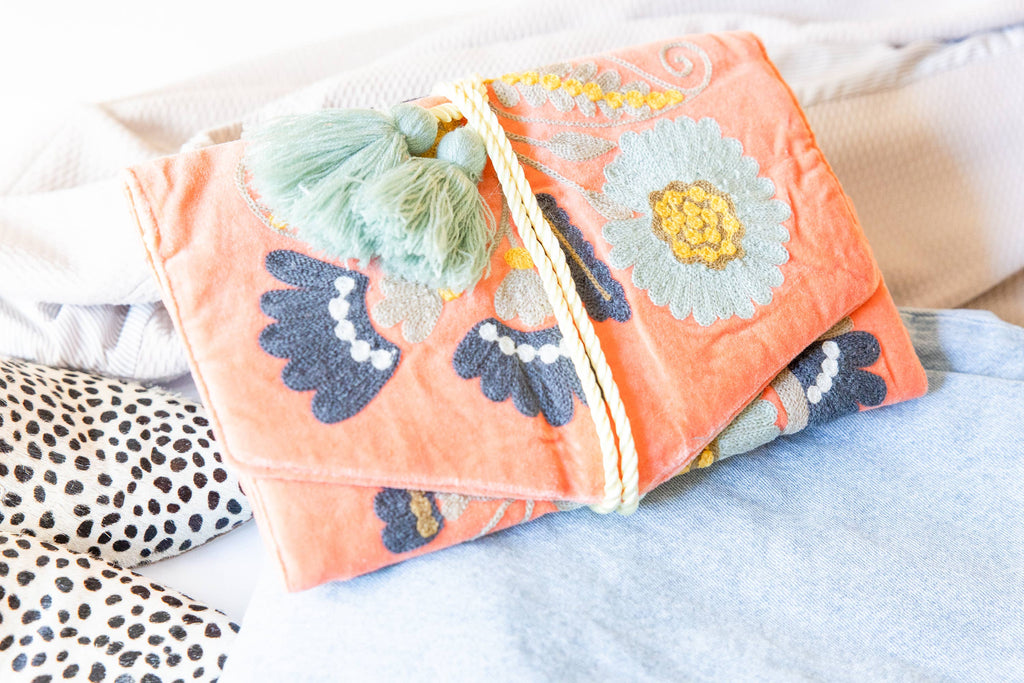 Embroidered Velvet Jewelry Organizer in Coral