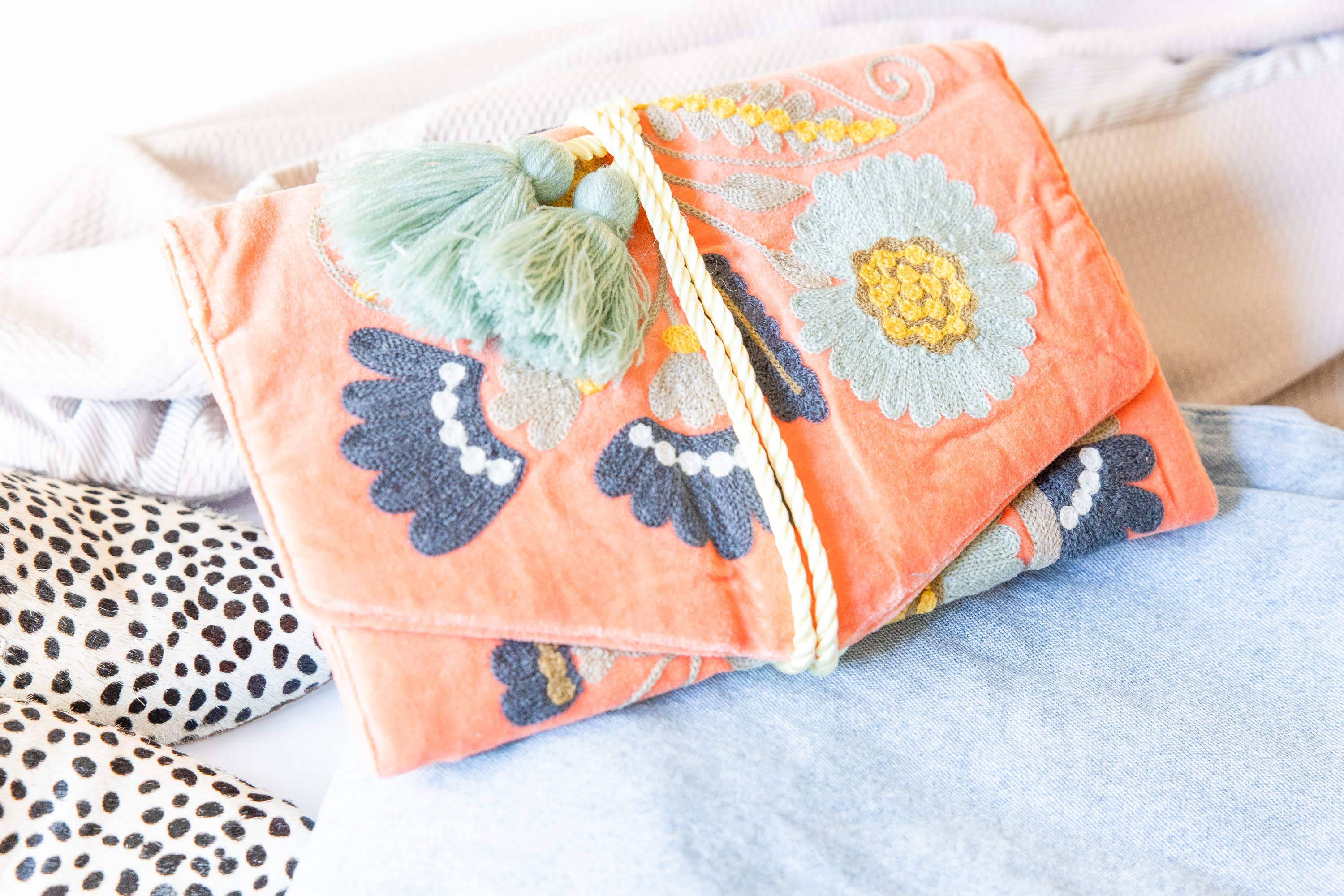 Embroidered Velvet Jewelry Organizer in Coral