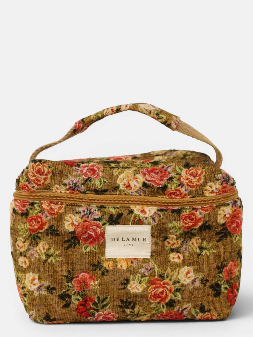 Large mustard and red floral jacquard squared toiletry bag with its fabric carry handle
