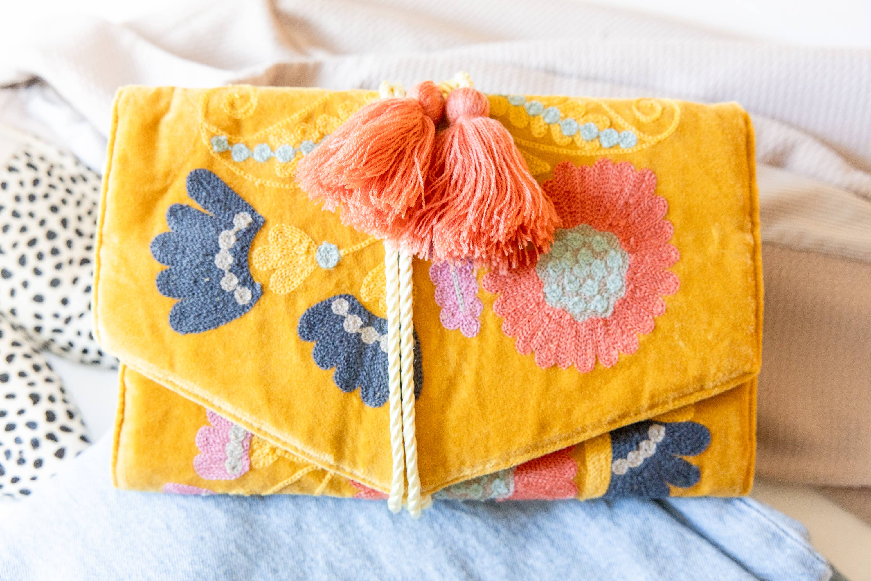Embroidered Velvet Jewelry Organizer in Mustard