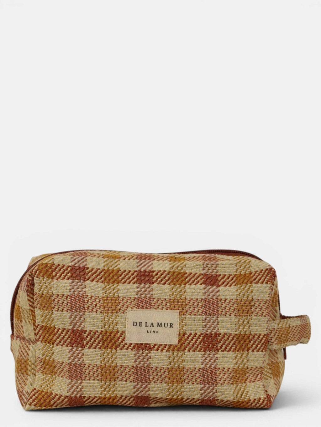Terracotta and mustard gingham jacquard squared makeup bag, front view with side handle