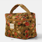 Large mustard and red floral jacquard squared toiletry bag with height, width and depth marked