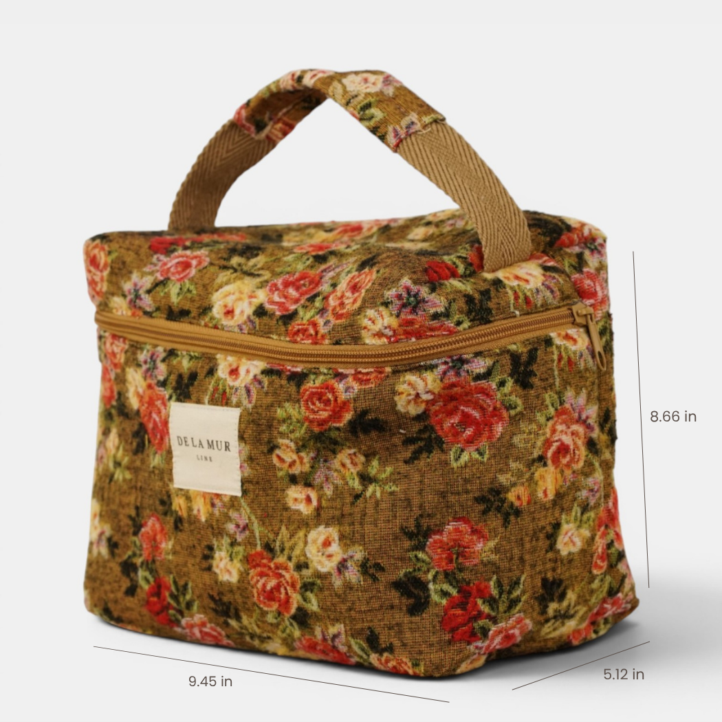 Large mustard and red floral jacquard squared toiletry bag with height, width and depth marked