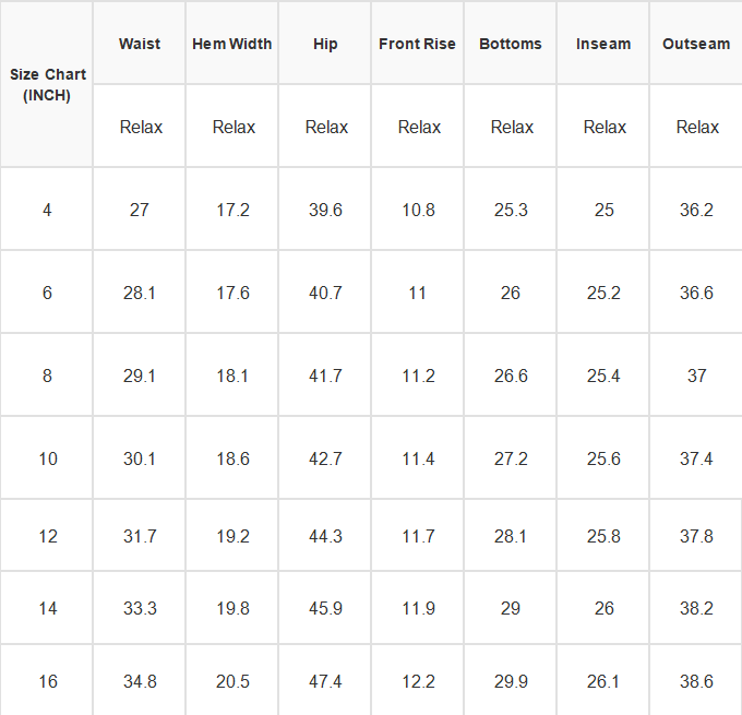 Size chart for pants with measurements in inches